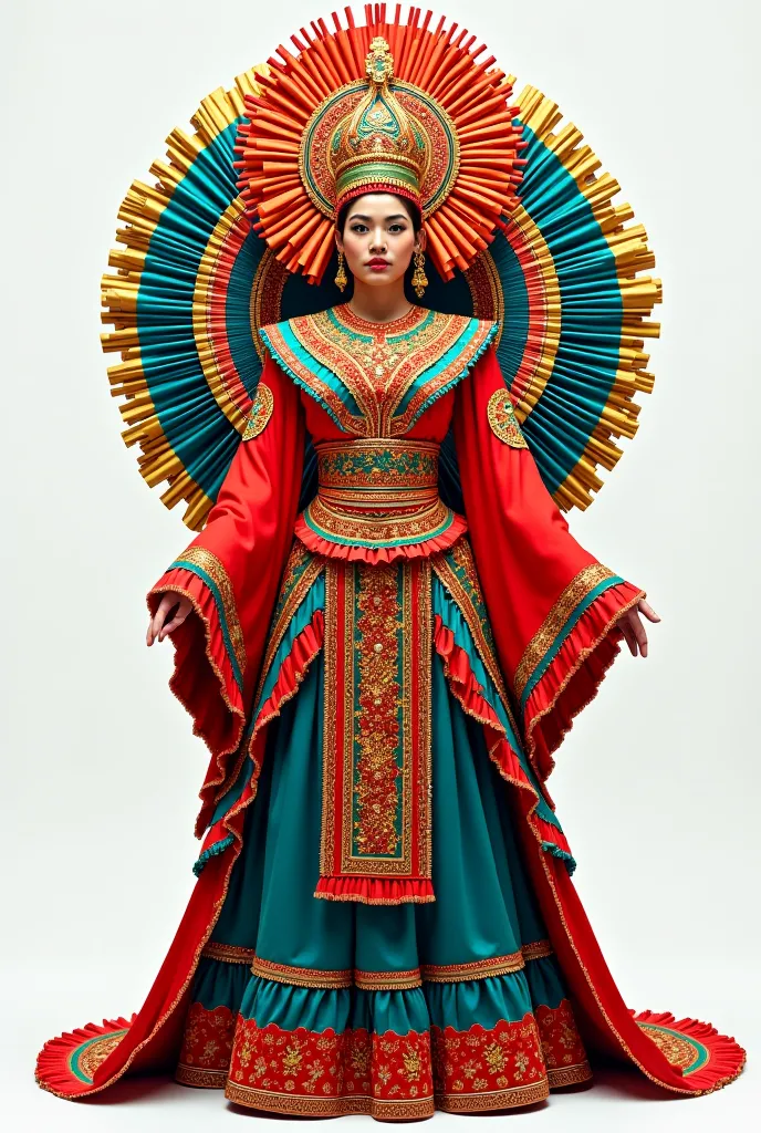 kadayawan festival costume that represents The Kadayawan Festival Queen's costume is a vibrant celebration of Davao City's rich cultural heritage, featuring indigenous fabrics, tribal designs, local flora and fauna, and symbolic colors. front view to easy ...