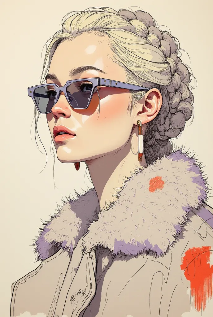 An artistic sketch of a modern sunglasses, beautiful woman, braided blond hair, big earings, modern fluffy coat. The portrait features a mix of minimalistic linework and painterly strokes in soft, muted tones of beige, gray, lavender, and hints of red. The...