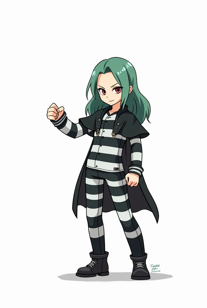 黒と白のストライプの prisoner uniformの詳細 - 全体的な配色には黒と白の強いコントラストがあります - 縦縞模様が特徴的です - 太い黒と白のラインが印象的です - 首の周り、Cuff、 has stripes on the hem of the pants .   There are stripes on pockets and other decorative parts  .  The tight silhouette emphasizes women's curves .  Whi...