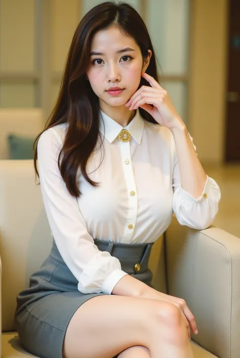 a young woman seated on a light-colored chair in an indoor setting, likely an office or lounge. She has long, dark hair styled neatly, and her expression is poised and confident. She is dressed in a professional yet stylish outfit, consisting of a white bl...