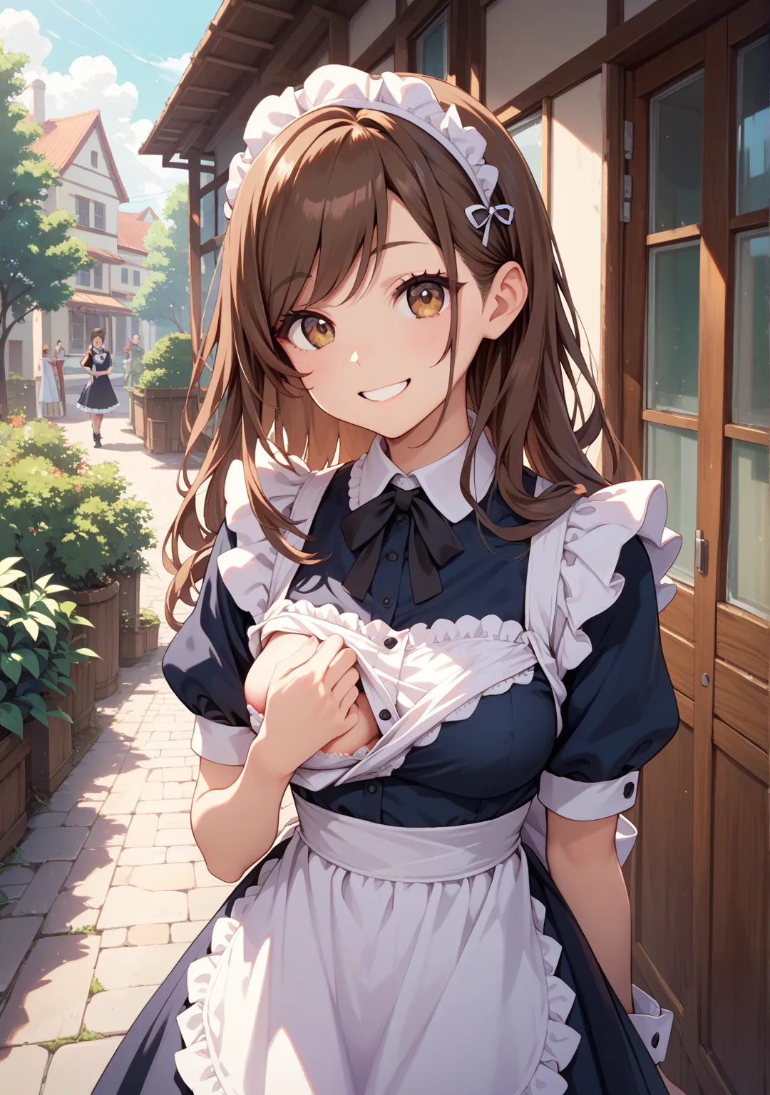 maid clothes,one girl,long hair caught in a hole,straight hair that can't be seen from the outside ,brown hair,Brown Eyes,swept bangs,One breast is coming out,Akihabara,smile,outdoor,