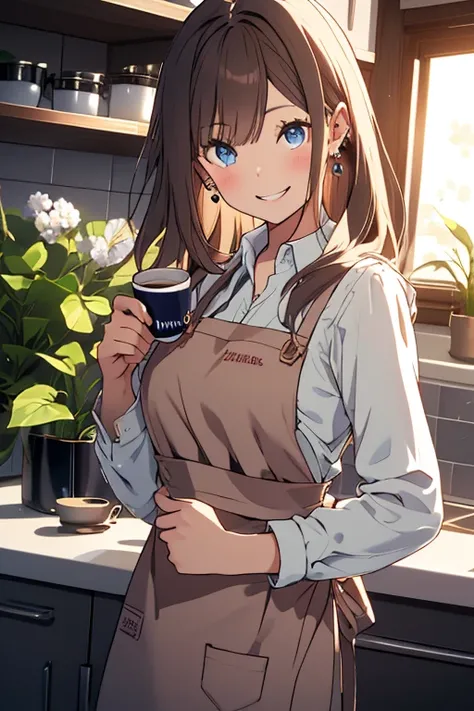 (from below:1.1),((1girl, blown hair, long hair, qutel blue eyes, beautiful eyes, pretty smile:1.5, ), coloring watercolor digital pencil ,Cherry blossoms falling,an animated painting of a woman in an apron standing at a coffee maker, 1girl, brown hair, so...