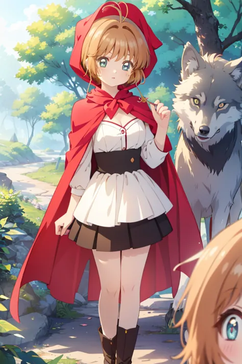 A beautiful girl in a red cape walking in a forest, anime girl, 1 girl, Kinomoto Sakura, (20 years old girl), (aged up), forest, wolf, (wolf in background), dynamic angle, bright eyes, (realistic eyes: 1.2), (beautiful eyes: 1.2), glossy lips, parted lips,...