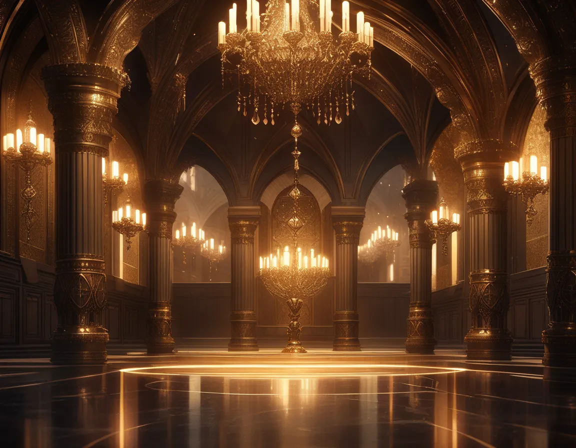  background only　A large, ornate pendulum swinging in an elegant, grand hall. The background features intricate architectural details with towering columns and dim, ambient lighting. The pendulum gleams with polished metal and reflects the warm golden glow...