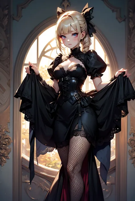 A girl with smaller bust, wearing a black dress mostky made of lace. The skirt its a voluminous circle skirt with lace details on the top adding to beauty. Its a corset styled dress with the same lace oatern for the bodice. It has a lace uo back with silky...