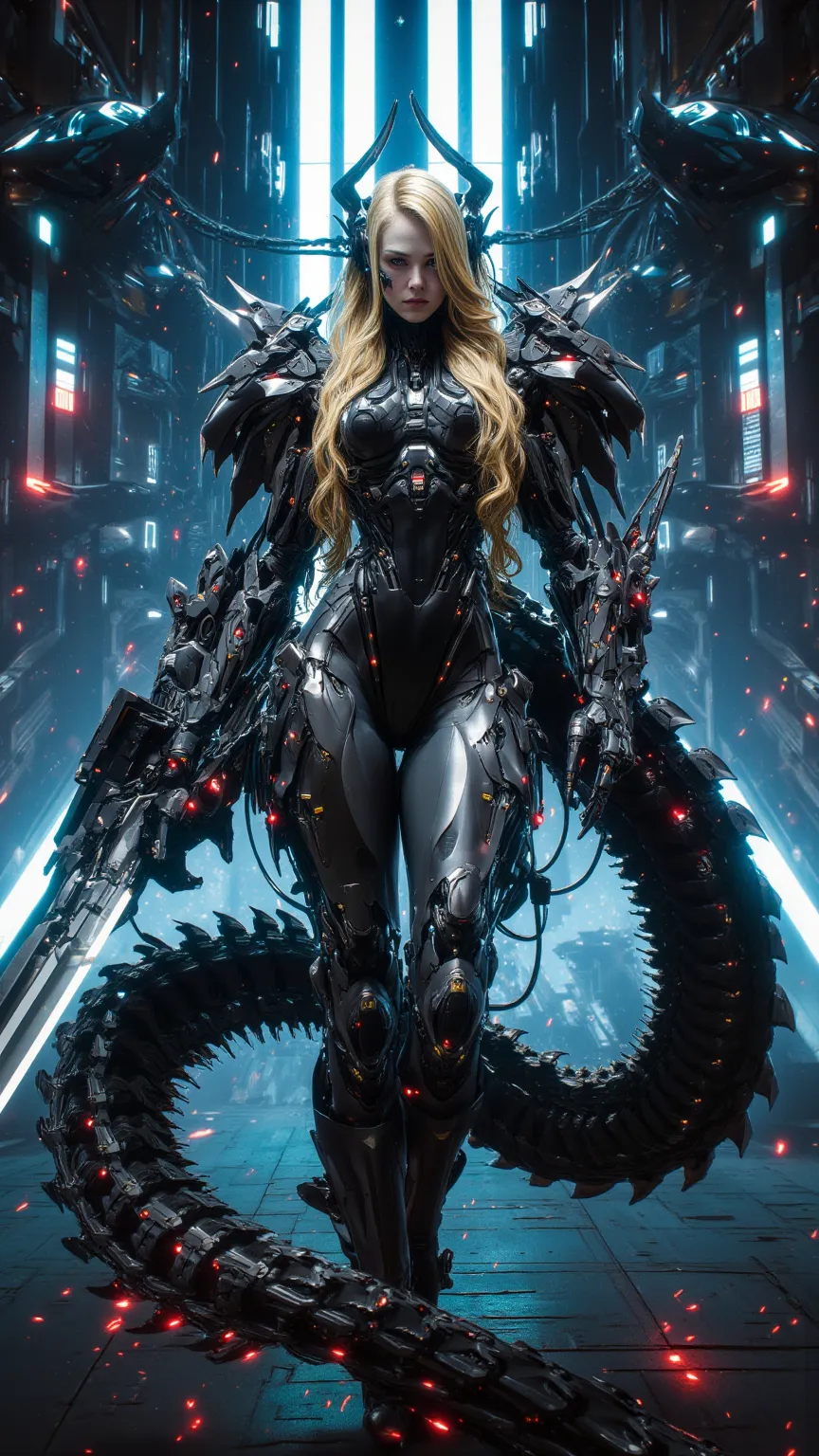 full body, full body拍摄，Cyberpunk women，fear ，sci-fi，future，armor，sexy，long golden hair，in a highly detailed and dynamic style, 