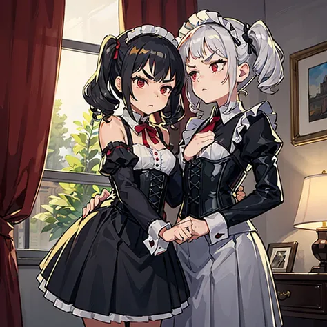 Young girl with gray hair, ((curly and fringed hair)),((short curly pigtails)), curly hair ,(red eyes),((small bushy eyebrows)), wearing gothic lolita clothing, wide loose lolitagotic decorative sleeves for arms, corset with red threads, pleated maid skirt...