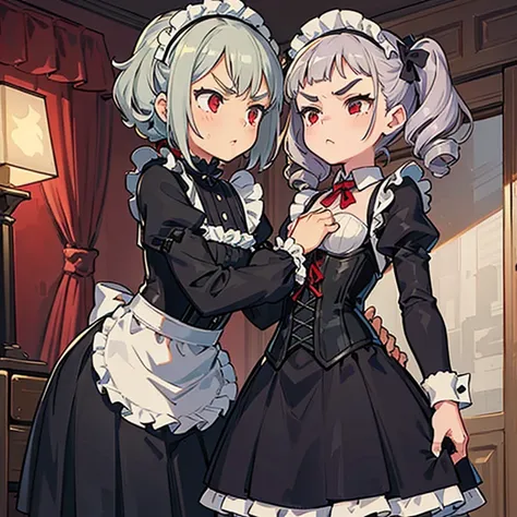 Young girl with gray hair, ((curly and fringed hair)),((short curly pigtails)), curly hair ,(red eyes),((small bushy eyebrows)), wearing gothic lolita clothing, wide loose lolitagotic decorative sleeves for arms, corset with red threads, pleated maid skirt...