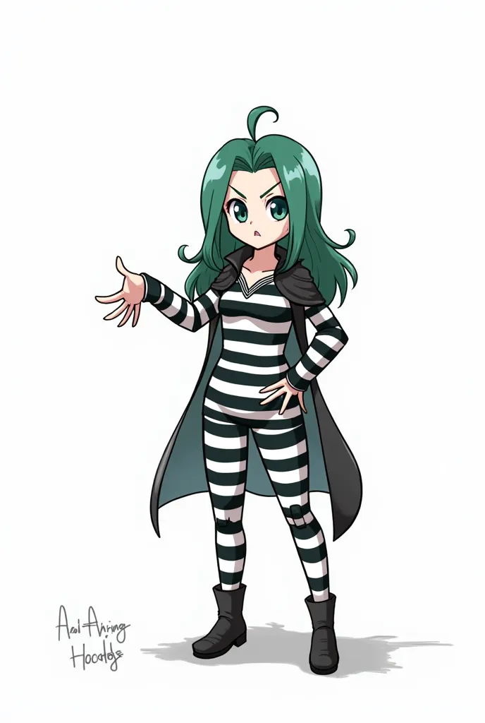 黒と白のストライプの prisoner uniformの詳細 - 全体的な配色には黒と白の強いコントラストがあります - 縦縞模様が特徴的です - 太い黒と白のラインが印象的です - 首の周り、Cuff、 has stripes on the hem of the pants .   There are stripes on pockets and other decorative parts  .  The tight silhouette emphasizes women's curves .  Whi...