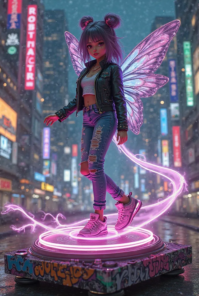 A captivating Hyperrealistic
illustration of an urban fairy
gracefully dancing atop a
vibrant, graffiti-covered
turntable in a bustling
cityscape. The fairy, with a
flawless face, is dressed in a
fusion of street style and
fantasy wear, sporting a
cropped ...