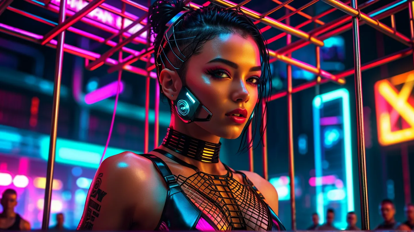 cyberpunk woman,dancer in a cage,skimpy cyberpunk clothing,techno ,hanging from ceiling,people dancing below,sci-fi,detailed face,detailed eyes,detailed lips,extremely detailed,masterpiece,8k,hyper detailed,vivid colors,dramatic lighting,digital art,concep...