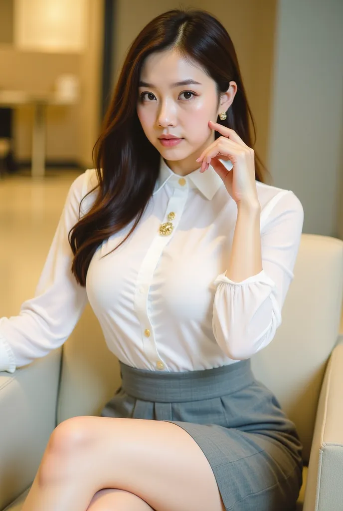 a young woman seated on a light-colored chair in an indoor setting, likely an office or lounge. She has long, dark hair styled neatly, and her expression is poised and confident. She is dressed in a professional yet stylish outfit, consisting of a white bl...