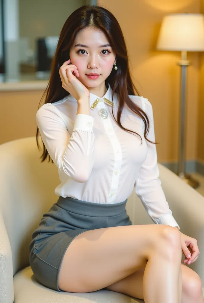 a young woman seated on a light-colored chair in an indoor setting, likely an office or lounge. She has long, dark hair styled neatly, and her expression is poised and confident. She is dressed in a professional yet stylish outfit, consisting of a white bl...