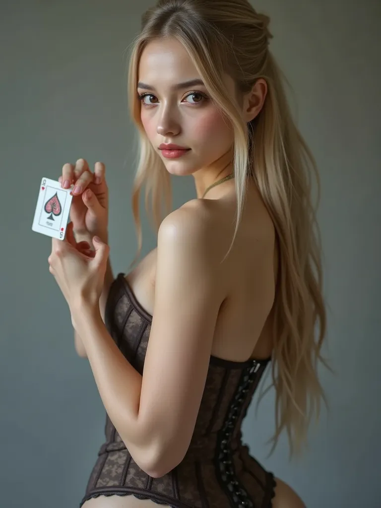 One girl, alone, View Viewer, Blonde long hair, Wearing a corset, Big Ass, Brown eyes, Upper Body, Gray background, Normal , lips, Realistic, A konigsreuter
