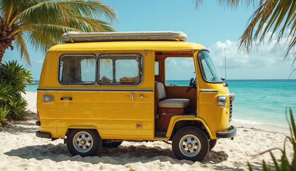 compact, three-wheeled camper van with a bright yellow body, parked on a sandy beach with the ocean and palm trees in the background. The vehicle is a modified Piaggio Ape, featuring a small over-cab sleeping area, windows on the side, and an open door rev...