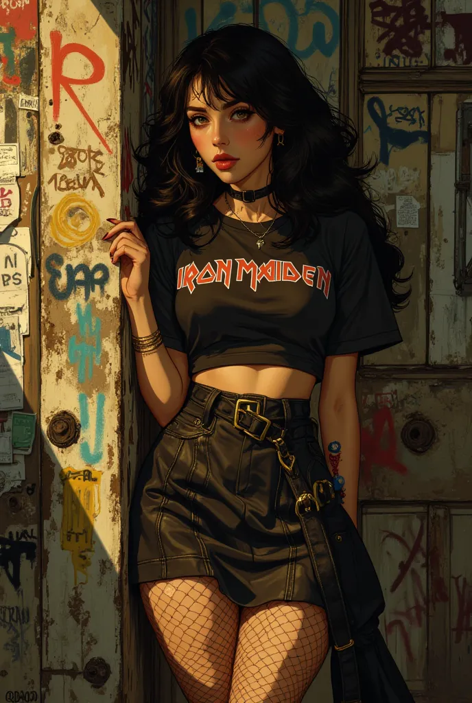 illustration of A stunningly beautiful girl, sexually suggestive illustration, intricate linework with expressive contrasts, one gorgeous girl, "Iron Maiden" t-shirts, short skirts, fishnet stockings, streetwear, posing against a graffiti-strewn wall, albu...