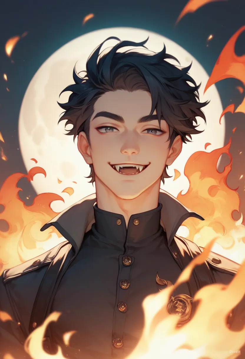 High resolution natural images It has Jungkook from BTS, he has fangs, great hair, he is smiling, he is wearing black clothes, black hair, sharp features, and behind him there is a fire, a dim light, and a moon in the evening 