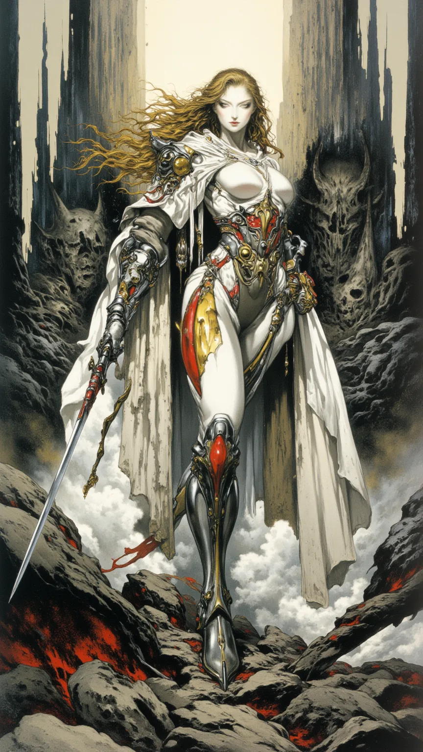 full body, Female Knight，fear ，sci-fi，future，armor，sexy，long golden hair，Wayne Reynolds draws，in a highly detailed and dynamic style, 