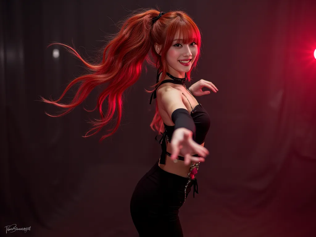 High ponytail with side-swept bangs , cherry red hair , with black outfits ,  dancing , smiling , 