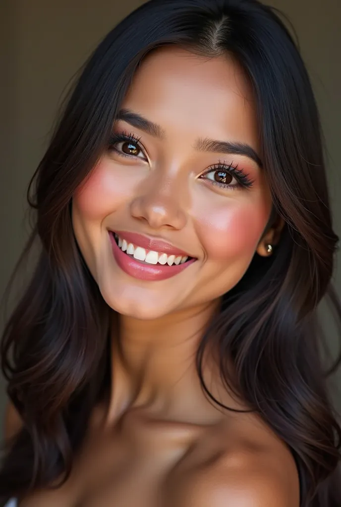 beautiful Javanese Indonesia woman,straight hair,perfect make up,pink and smiling lips,stocky face