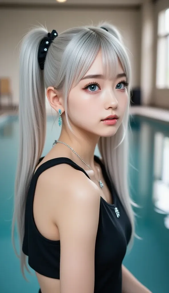 real image like the photo、８ｋ、school pool、background、 Suspended Eyes、woman with an innocent expression that leaves the vibe of a girl、 Silver Hair、 blue eyeshadow、Cheek、lipstick、mascara、eyebrow、black competitive swimsuit、Full Body Accessories、