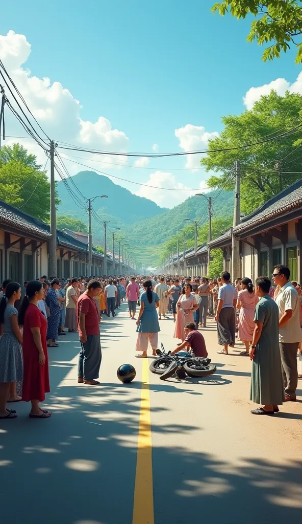 A 3D realistic, dynamic, and cinematic scene of a large crowd gathering on a well-paved road in a peaceful countryside village during daytime. The village has traditional houses, lush green fields, and distant mountains under a bright blue sky. A group of ...