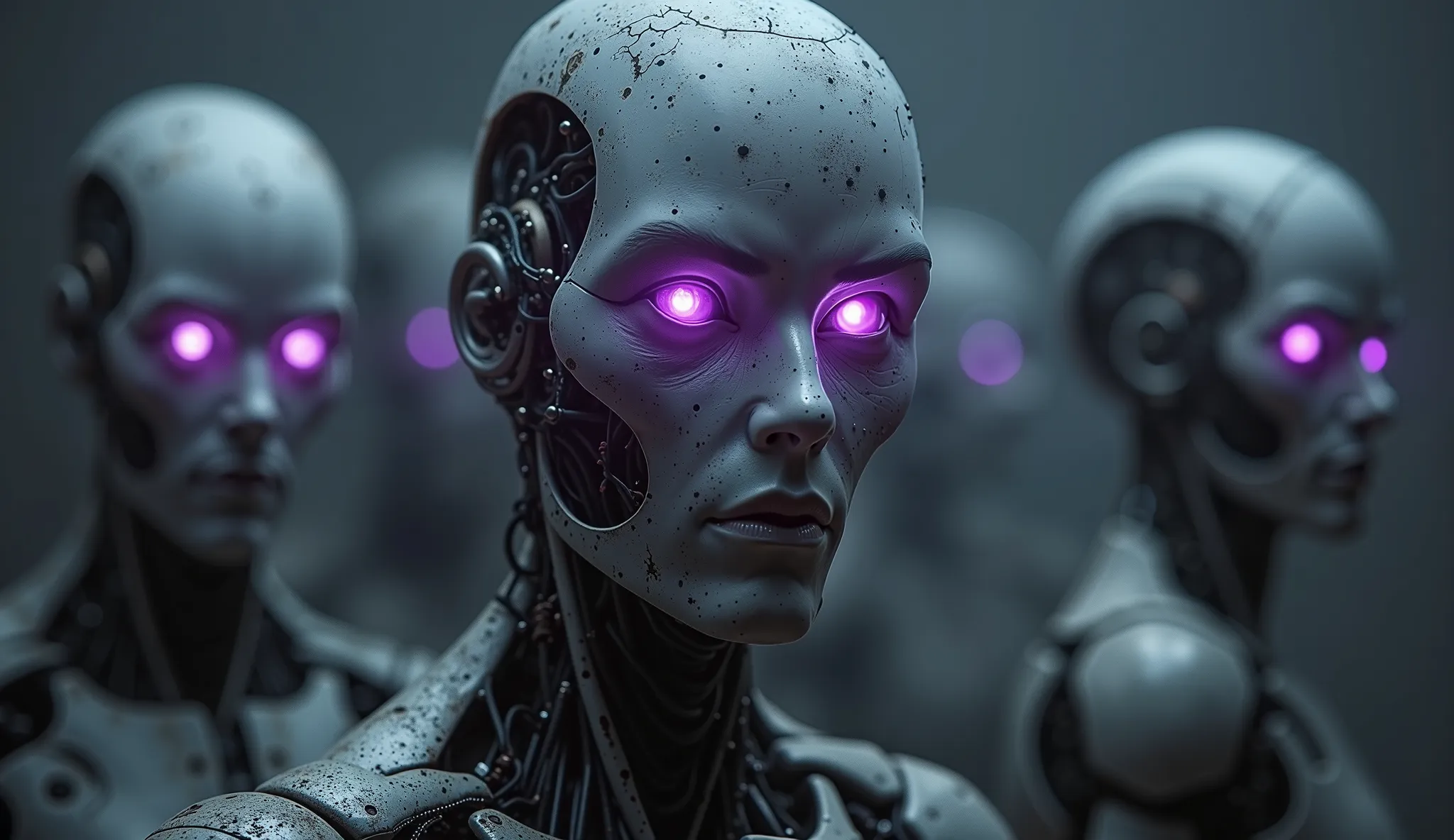 Creation of Artificial Intelligence、Malicious and cruel、Total Humanity Extinction - Looking to the Future、Behind him、There are several humanoids、scary face like a robot、No mouth、purple rays from the eyes、  dim background