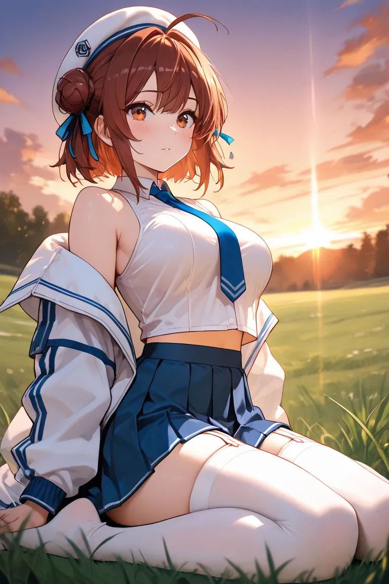 masterpiece, best quality, highres, aaakari,red brown hair, short hair, double bun, ahoge, beret, white headwear, breasts, blue necktie, sleeveless shirt, white shirt, off shoulder, white jacket, open jacket, midriff, pleated skirt, blue skirt, garter stra...