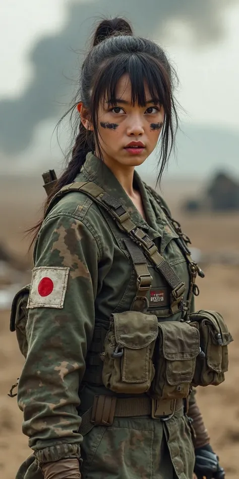 full body image of a Japanese female warrior stands in a rugged military uniform, her gaze intense and focused. She wears tactical gear with a camouflage pattern, a sturdy combat vest, and a utility belt loaded with pouches with deep neckline. Her hair is ...