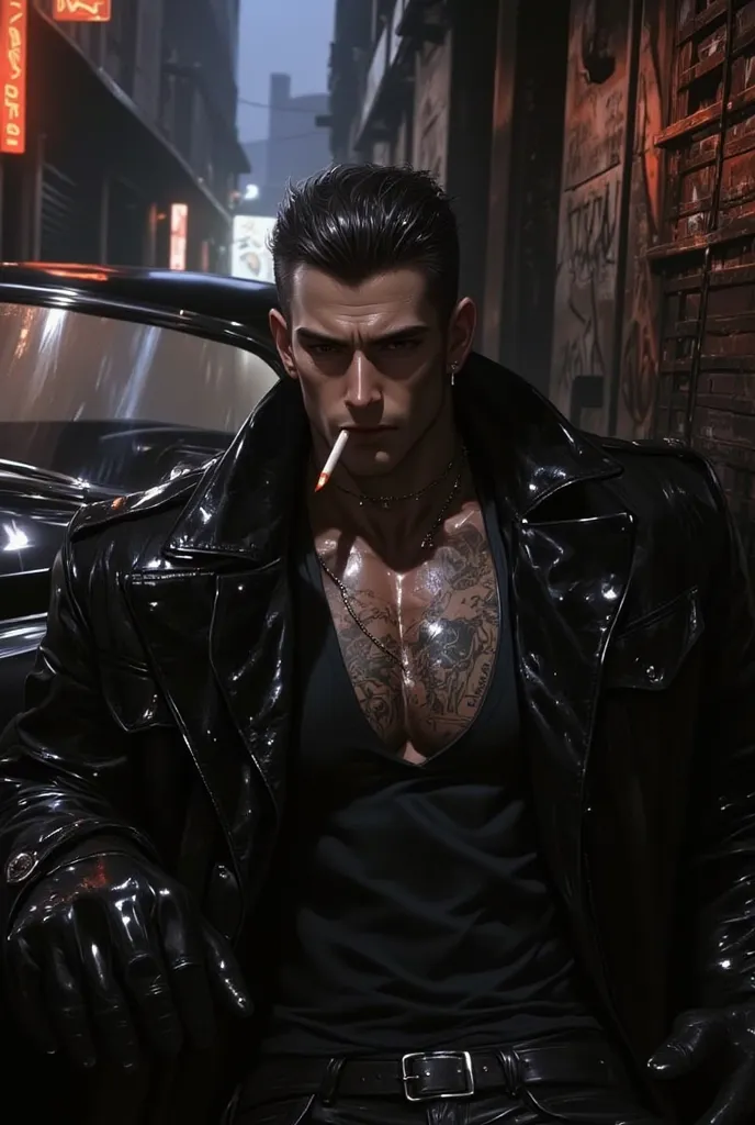 A dark, moody semi-realistic anime-style watercolor close-up portrait of Dante Rossi, a towering, brutish mafia boss with a streetstyle edge. His muscular frame is clad in a sleek, worn leather jacket over a fitted black shirt, paired with dark jeans and s...