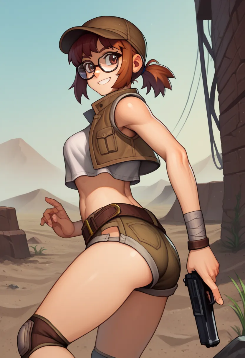 score_9, score_8_arriba, score_7_arriba,   source  _anime, to bloom,1 girl,fine germs, cabello castaño, glasses,  Medium Hair, ponytail, brown eyes,  crop top, has,  jacket, knee pads, Bermuda, sleeveless,  navel,  belt,  outdoor, desert, pistol, Arm, hold...