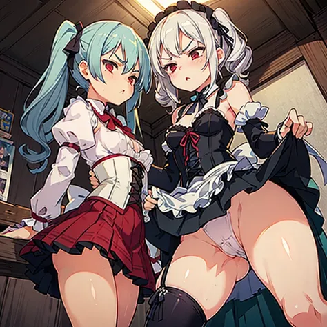 Young girl with gray hair, ((curly and fringed hair)),((short curly pigtails)), curly hair ,(red eyes),((small bushy eyebrows)), wearing gothic lolita clothing, wide loose lolitagotic decorative sleeves for arms, corset with red threads, pleated maid skirt...