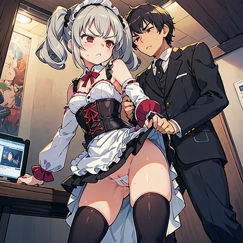 Young girl with gray hair, ((curly and fringed hair)),((short curly pigtails)), curly hair ,(red eyes),((small bushy eyebrows)), wearing gothic lolita clothing, wide loose lolitagotic decorative sleeves for arms, corset with red threads, pleated maid skirt...