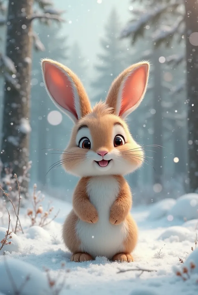 Create a photo of a bunny on the background of a snowy forest with greetings Congratulations on March 8. Let all your dreams come true. Vladislav the bunny from the most beautiful fairy tale

