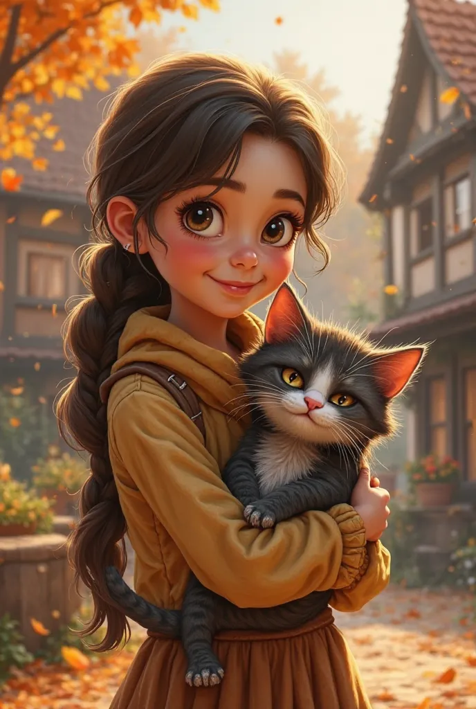 
1. "A young girl named Lily, with gentle eyes and a warm smile, holding a scruffy, dirty cat in her arms. The cat looks exhausted but trusts her. The background is a cozy village with autumn leaves falling gently around them."