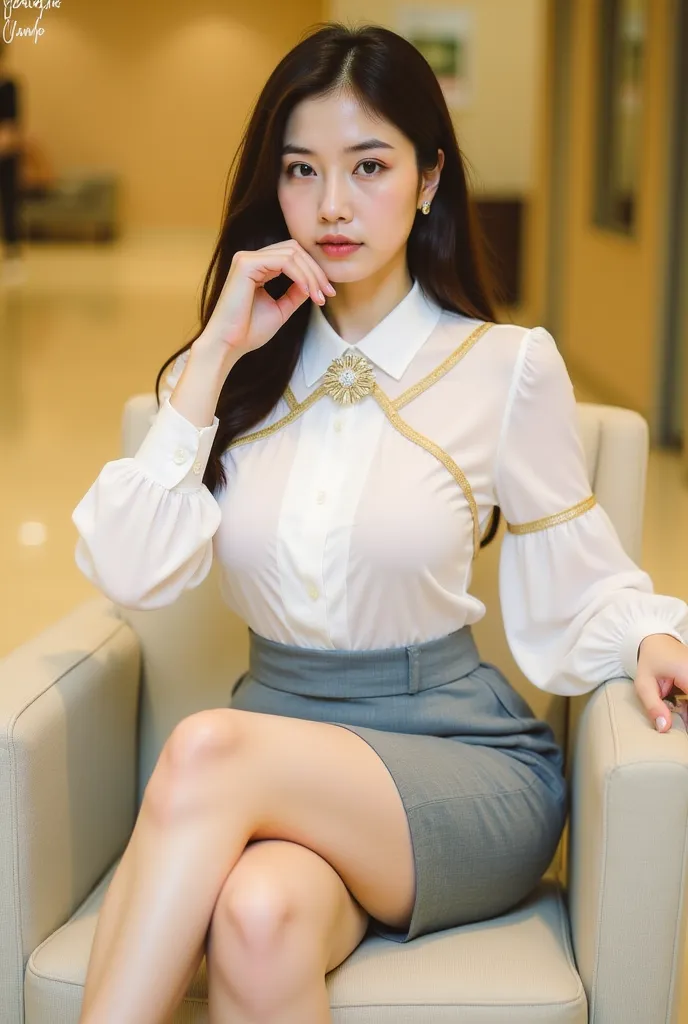 a young woman seated on a light-colored chair in an indoor setting, likely an office or lounge. She has long, dark hair styled neatly, and her expression is poised and confident. She is dressed in a professional yet stylish outfit, consisting of a white bl...