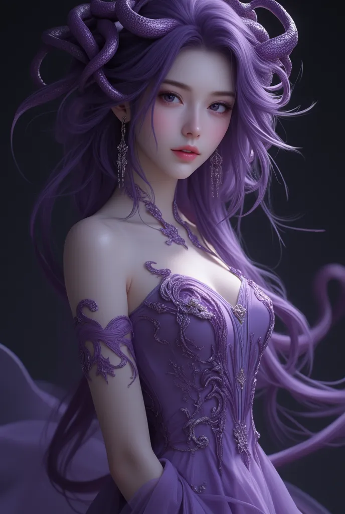 Female Medusa with beautiful purple snake hair like a Japanese model, wearing a purple delicate snake embroidered dress, smiling, looking at the viewer, full body view, dark background