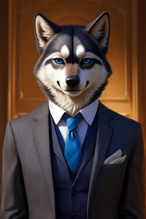 Husky man. Husky dog. anthropomorphic dog. dressed in a formal suit, blue tie . blue eyes. realism