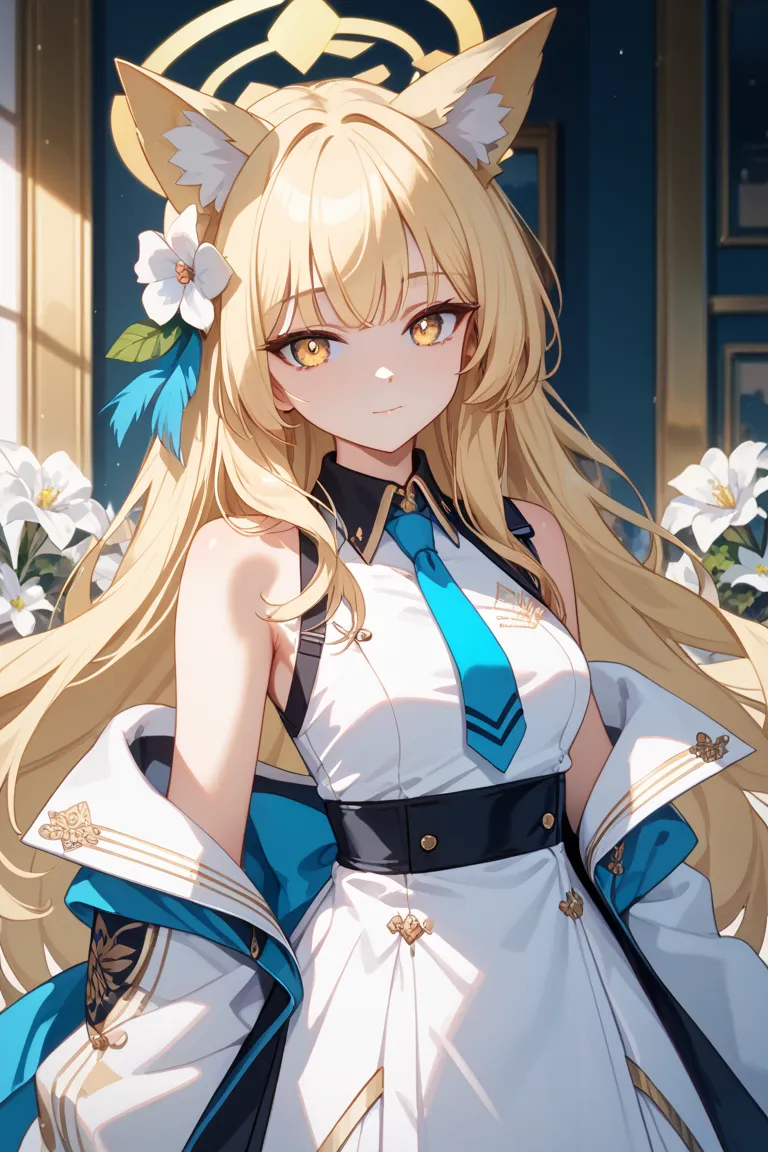 1 girl, (Blue Archive:1.1), 
, 
 nsfw animal ears, Alone, blonde hair,  halo, long hair, viewers,  fox ears, animal ear hair,  dress, tie, white  dress, amount, closed mouth, hair accessory, yellow  halo, upper body, hair flower, yellow eyes, blue tie, flo...