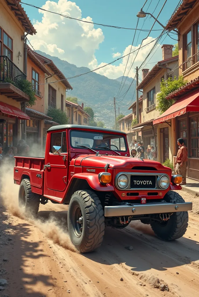 Toyota Land Cruiser 1978 red pickup at high speeds in a small town