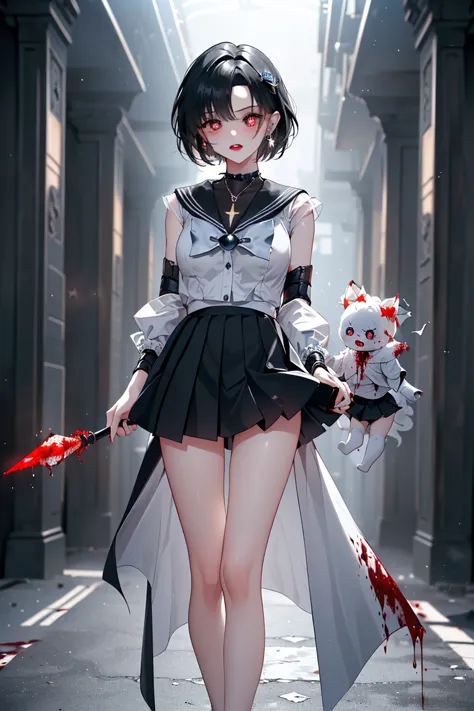 Top Quality, High Resolution,  Dark Fantasy Art 。

the black sailor suit shakes。Sailor Mercury, the warrior of justice abducted by the enemy(Who was invaded by enemy magic and turned into a vampire:1.5)。and(blood and completely brainwashed by evil:1.4)、(Sh...