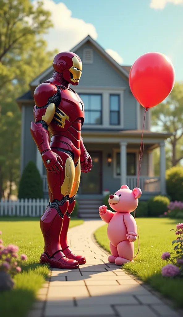 ironman with a ballon bear in the front yard of a house