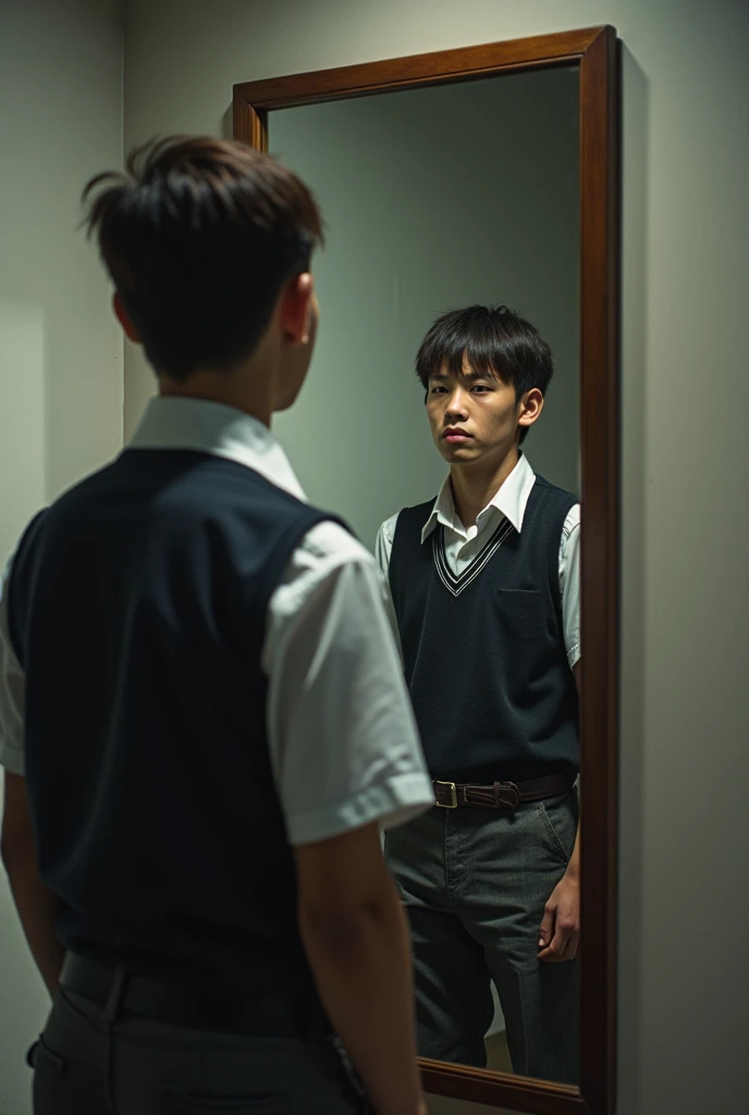 Real photo of a man wearing a high school uniform, looking in the mirror with his back turned, the other side of the mirror is wearing poor worker clothes, tired figure