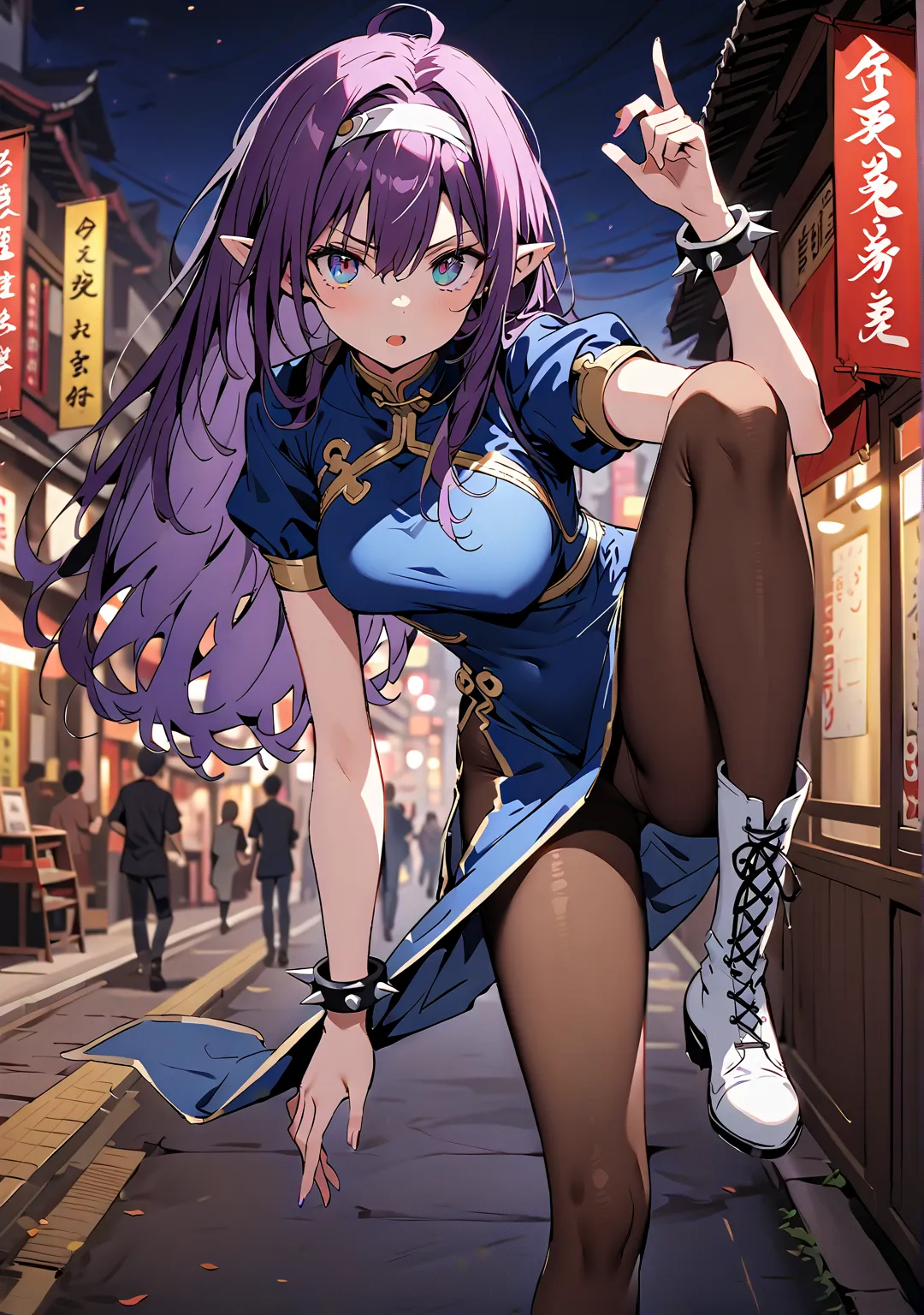 score_9, score_8_up, score_7_up,  source_anime,
 yuukiKonno, Konno Yuuki, headband, long hair, pointed ears, purple hair, red eyes, double chauban ,serious,and open your mouth,chunlicosplay, Chunli \(cosplay\), blue  dress, boots, bracelet, brown pantyhose...