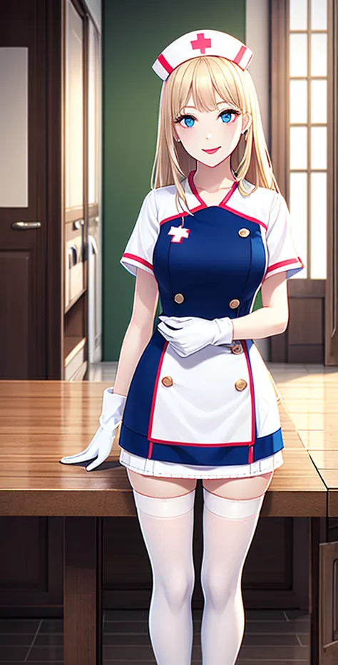 ,  is led by a nurse,  is led by a nurse Cap, White tableware, (( white stockings, absolute view zone)), white gloves, blonde hair, blue eyes,  pink lipstick,  smile, standing,  Clear outline , short sleeves,  innocent girl , best quality, table top, infir...