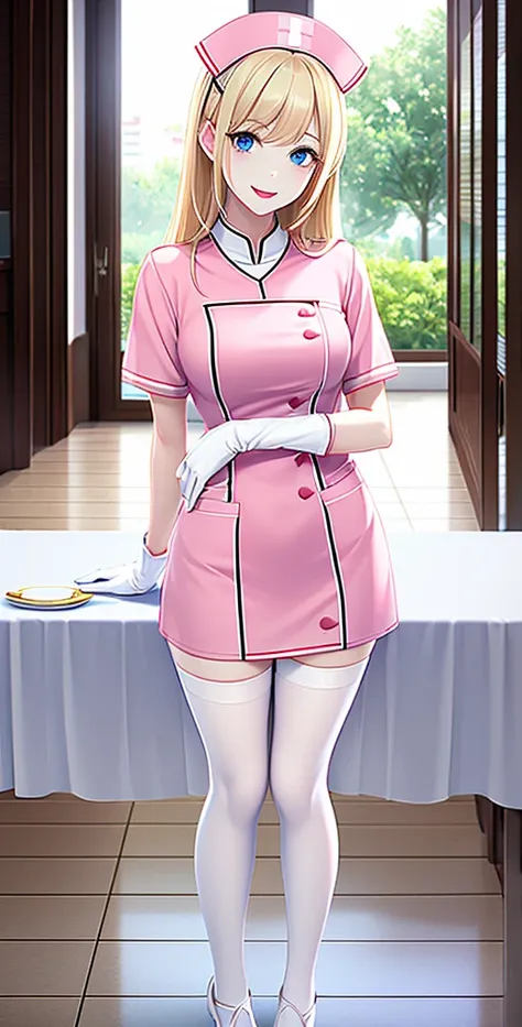 ,  is led by a nurse,  is led by a nurse Cap, White tableware, (( white stockings, absolute view zone)), white gloves, blonde hair, blue eyes,  pink lipstick,  smile, standing,  Clear outline , short sleeves,  innocent girl , best quality, table top, infir...