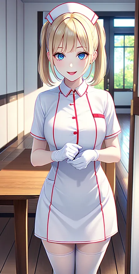 ,  is led by a nurse,  is led by a nurse Cap, White tableware, (( white stockings, absolute view zone)), white gloves, blonde hair, blue eyes,  pink lipstick,  smile, standing,  Clear outline , short sleeves,  innocent girl , best quality, table top, infir...