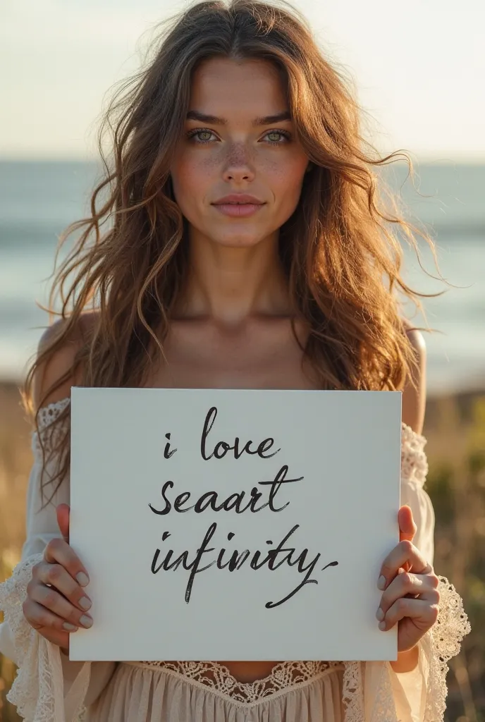 Beautiful girl with wavy long hair, bohemian dress, holding a white board with text "I Love Seaart Infinity" and showing it to the viewer