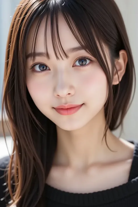 The face is positioned exactly in the center of the image , fully reflects the entire head , Face clearly visible、 black sweater, Hospital room, long hair caught in a hole、bungs, smile, young and cute japanese face , Official Art, high image quality CG Uni...
