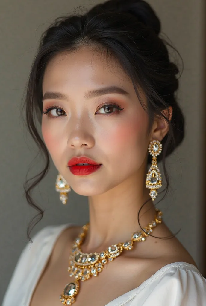 beautiful Javanese Indonesia woman,perfect a bun hair,perfect make up,plump and red lips,stocky face,wearing a diamond earrings and gold necklace,clean white skin